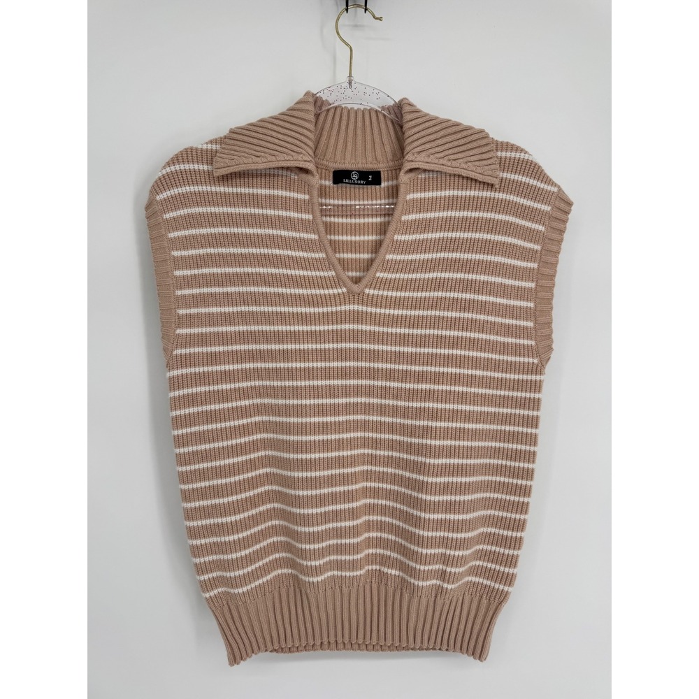 Lillusory Womens Tan White Striped Collared V-Neck Sweater Vest Sz M
